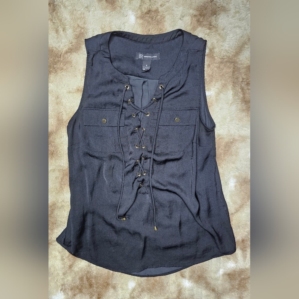 INC International Concepts Black Lace-Up Blouse